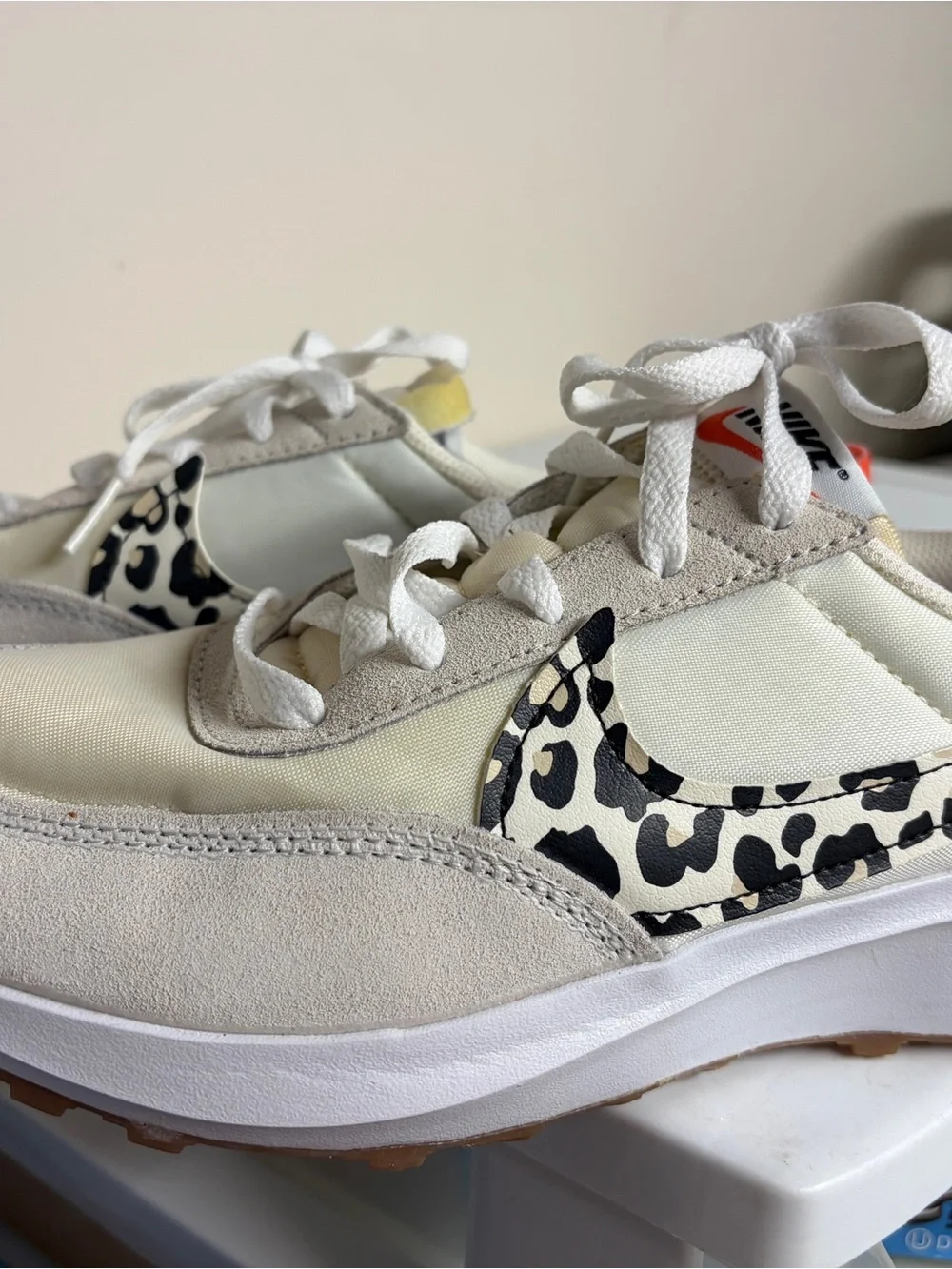 Nike Retro Runner Sneakers with Leopard Swoosh - Cream & White